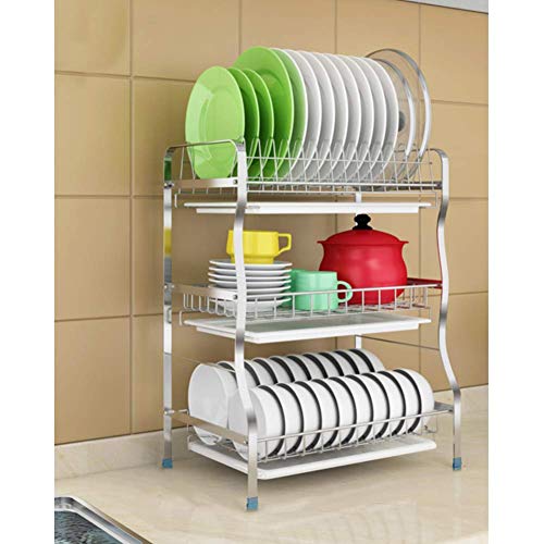 Geschirrtrockner mit Auffangschale, 3 Tier 304 Edelstahl Geschirrkorb Organizer Geschirrablauf für Küchentheke Silber 54 cm (21 Zoll)