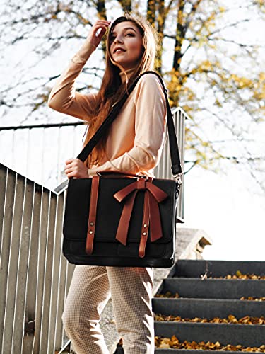 ECOSUSI dames aktetas, laptoptas 15,6 inch, vintage schoudertas met afneembare strik, schooltas, zwart/bruin - Image 4