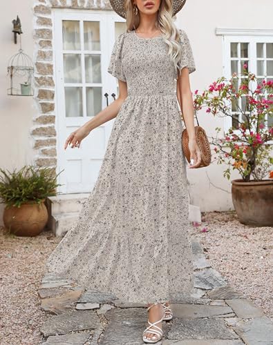 Image of Kranda Women 2025 Summer Fall Crewneck Short Sleeve Smocked Floral Maxi Dress