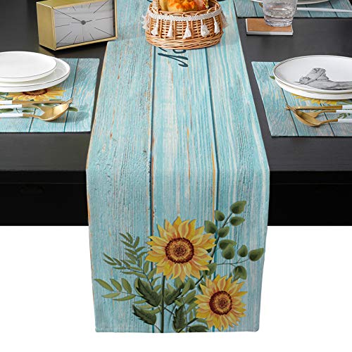 Table Runner for Kitchen Decor Rustic Sunflower Floral Pattern Wood Grain Table Runner Farmhouse Decor Burlap Table Runners