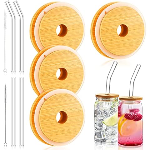 10 Pieces Bamboo Mason Jar Lids Sets Include 4 Pcs Regular Mouth Bamboo Mason Jar Lids with Straw Hole, 4 Pcs Reusable Glass Straw and 2 Pcs Straw Brush for Drinking Cover
