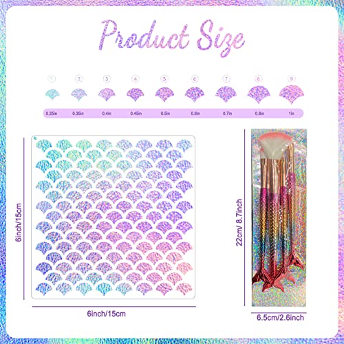 Image of 9 Pieces Mermaid Scale Stencil - Reusable Mermaid Face Makeup Stencils Fish Scale Templates and 4 Pcs Eye Makeup Brushes - Women Girl Cute Make Up DIY Tool Set