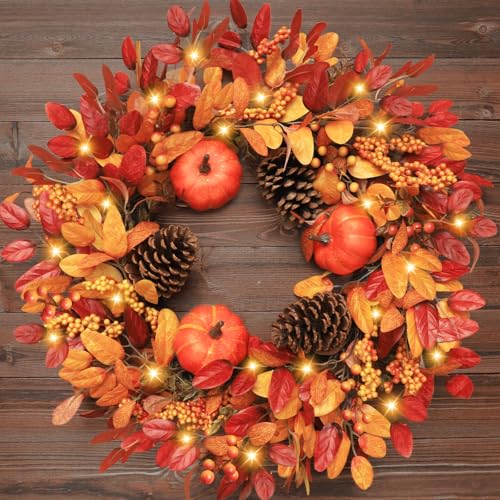 26 Inch Large Foldable Fall Wreath for Front Door with Lights & Timer Autumn Pumpkin Wreaths Eucalyptus Leaves Pinecones Berries for Porch Outdoor Indoor Thanksgiving Decorations Outdoor Indoor Decor