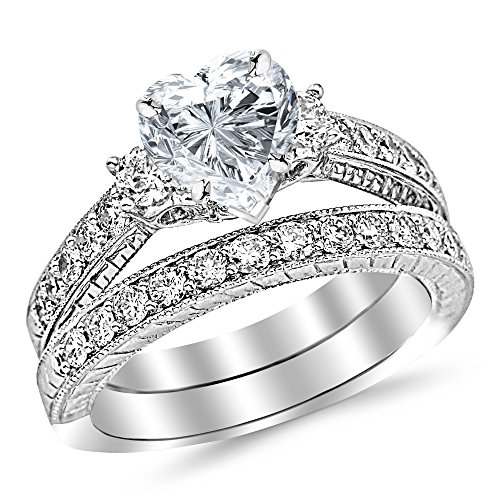 14K White Gold 3 Carat LAB GROWN DIAMOND Three Stone Vintage With Milgrain & Filigree Bridal Set with Wedding Band & Heart Cut Diamond Engagement Ring (E-F Color VS2-SI1 Clarity 2 Ct Center)