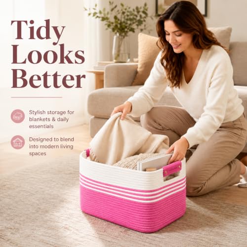 Image of 22.8GAL Extra Large Collapsible Laundry Basket for Dirty Clothes,Shoes, Sturdy Portable Aesthetic Boho Heavy Duty Wicker Hamper for Living Room Thow Pillows Blankets Storage Organizer,Hot Pink