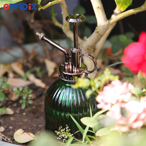OFFIDIX Glazen gietfles, vintage stijl plantennevel met bronzen plastic bovenpomp glazen gieter voor tuinieren (donkergroen) - Afbeelding 6