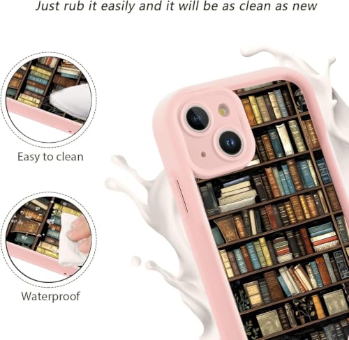 Image of VONZEE Cute Pink Book Shelf Back Cover for iPhone 15| Clear Shockproof TPU Protective Case | intage Library & Flower Shelf Pattern for Girls and Women