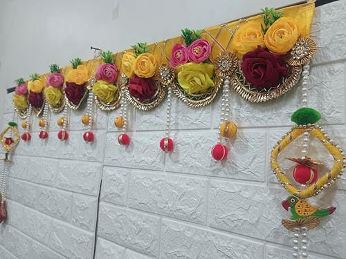 Image of Nutts Handmade Artificial Flower & Pom Pom Latkan with Shubh Labh Cushion Bandhanwar | Decorative Hanging Wedding,Home,Office, Festivals is Very Useful