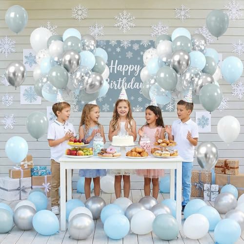 Image of Dusty Blue Party Balloons, 60PCS Light Blue Pearl White Silver Balloon, 12 Inch Star Printed Transparent Latex Balloons Helium for Boys Birthday Wedding Baby Shower Gender Reveal Party Decoration