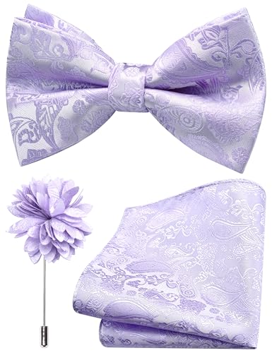 Branduce Light Purple Bow Tie for Men Wedding Silk Paisley Lavender Lilac Bowties Pocket Square and Lapel Pin Brooch Set (BB11-51)