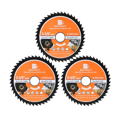 HSS Circular Saw Blade 3 3/8inch - BRSCHNITT 3pcs 44T 3/5"-3/8" Bore Cutting Discs for Cutting Wood, Copper, Aluminum, Plastic and Soft Metal