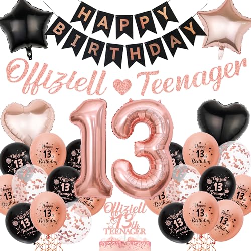 Deko 13 Geburtstag Mädchen Roségold Schwarz - Offiziell Teenager Geburtstagsdeko Happy Birthday Girlande Zahl Ballons Tortendeko und Folienballon für 13 Jahr Geburtstagsfeier Dekoration