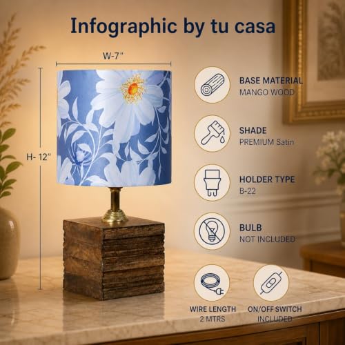Image of tu casa Wooden Table Lamp Floral Satin Shade for Bedroom, Lounge,H-12