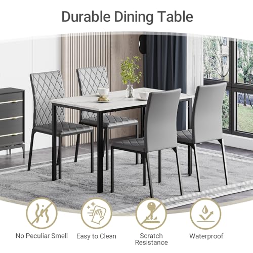 Image of Hello-5ive Dining Table and Chairs Set of 4, Modern Dining Table Set Kitchen Furniture, Marble Effect Dining Table with 4 PU Leather Dining Chairs, 120x70cm Dining Room Set for Home Apartment (Grey)