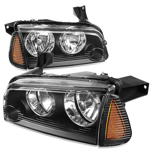 Auto Dynasty Headlights Assembly Compatible with 2006-2010 Dodge Charger, 4Pcs Driver and Passenger Side Halogen Headlamps Replacement, Black Housing Amber Corner