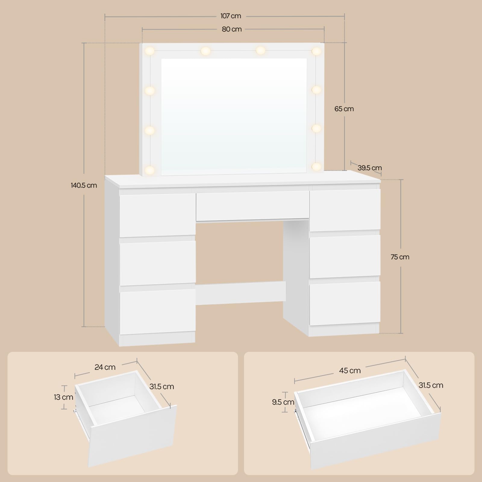 WOLTU Grande toeletta da trucco, Toeletta con Specchio e Luci, Tavolo da trucco con specchio, Postazione Trucco con 7 cassetti per Camera da Letto, bianco, 107 cm