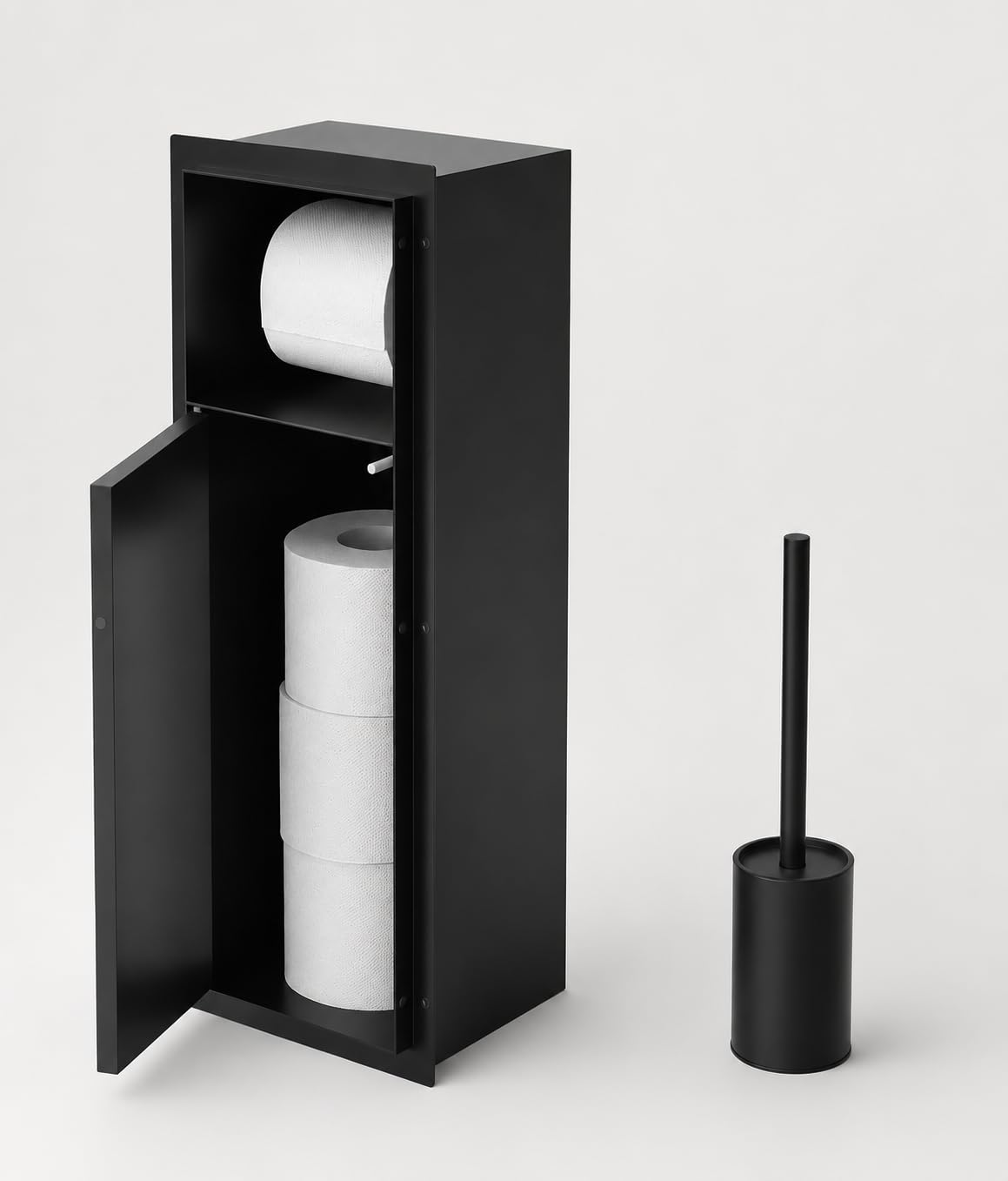 Easy Act Portarrollos de papel higiénico empotrado con escobilla, 60 x 20 x 14 cm, módulo de inodoro de acero inoxidable, color negro mate, puerta push-to-abierta