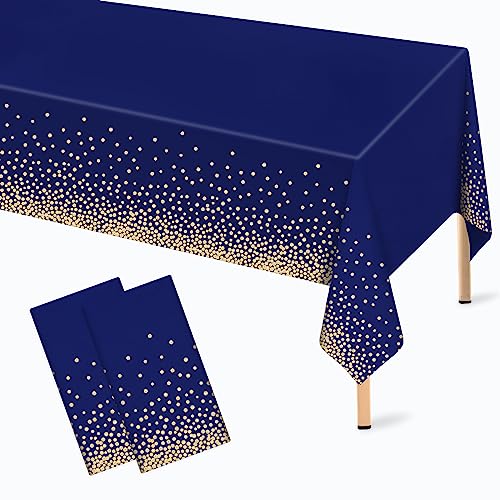 Lot de 2 nappes jetables en plastique bleu marine et doré pour table rectangulaire, 137,2 x 274,3 cm, à pois dorés pour anniversaire, mariage, salle à...