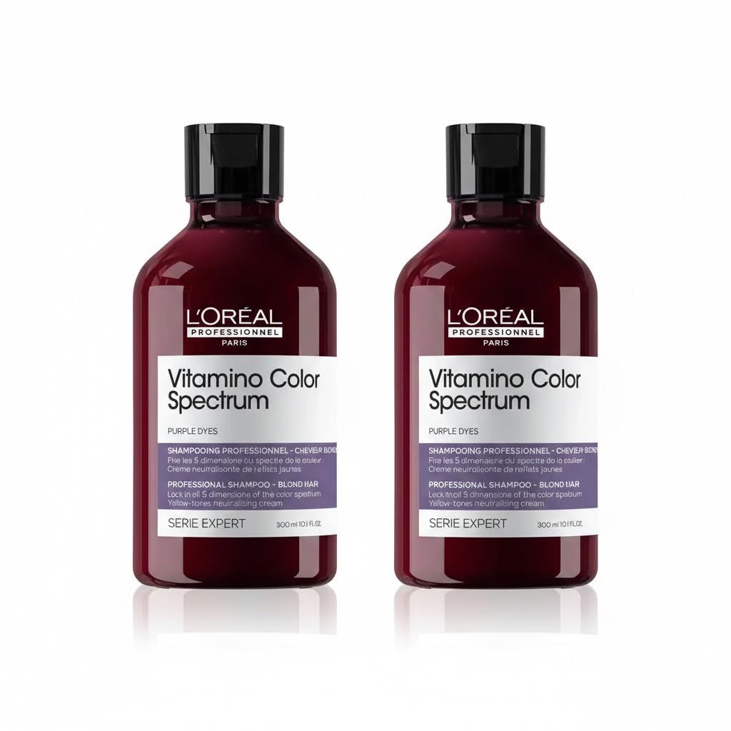 Champú L'Oréal Professionnel para brillo de color con efecto de cristal en cabellos teñidos, neutraliza el amarillez, serie Expert, Vitamino Color Spectrum Purple Dyes Neutralizing, 2 x 300 ml