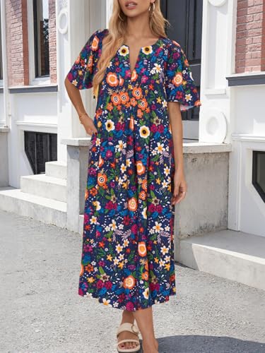 Image of Wenrine Womens Casual Maxi Dress Short Sleeve Loose Flowy Summer Dresses | flutter sleeve, v neck, loose fit, slit, long summer dress, beach, vacation