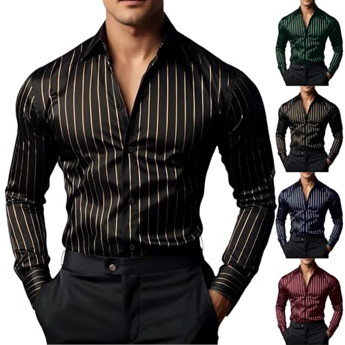 Floracle Camisa a rayas para hombre, de manga larga, ajustada, informal, no necesita planchado, transpirable, de fácil cuidado, con botones, elegante, cómoda y ligera, para descansar o actividades al