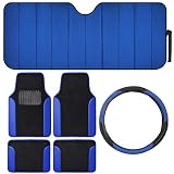 BDK Car Accessory Gift Set, Includes Motor Trend Auto Sunshade, Two-Tone Carpet Floor Mats & Steering Wheel Cover, Holiday Combo Pack for Autos Truck Van SUV