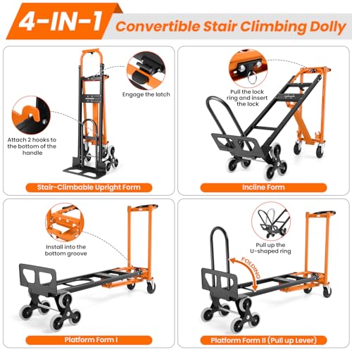 Image of Heavy Duty Stair Climbing Hand Truck - 1000 LBS Capacity 4-in-1 Convertible Dolly Cart, Foldable Platform Utility Cart for Moving Boxes, Industrial Grade Steel Construction(Orange)