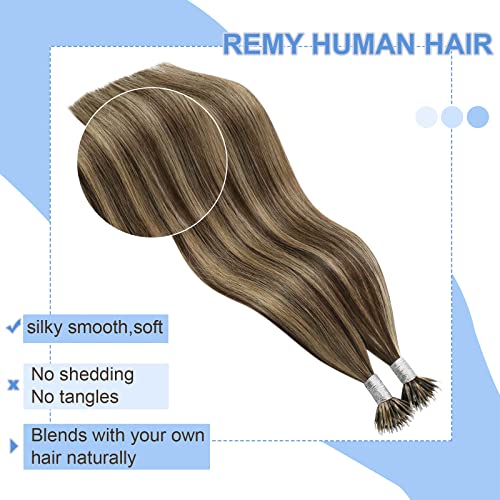 Image of YoungSee 20in Nano Bead Hair Extensions Dark Brown Highlight Caramel Blonde Nano Hair Extensions Brown Human Hair Nanolink Hair Extension Cold Fusion Nanoring Natural Hair 50 Strands 50g for Wedding