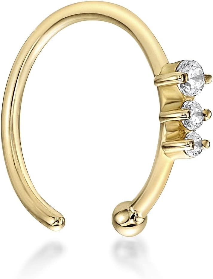 Lavari Jewelers 20 Gauge Three Stone or Star Open Hoop Nose Ring for Women - 14k Yellow Gold Cubic Zirconia 8 mm Nose Ring - Unisex Hypoallergenic Nostril Piercing Jewelry - 20G Body Piercing for Men