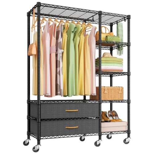 Ulif F3R Heavy Duty Clothes Rack(With Lockable Wheels)Freestanding Clothing Racks for Hanging Clothes,Adjustable Closet Organizer System,Portable Garment Rack 40"W x 15"D x 74"H,Max Load 700LBS,Black