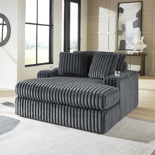 Image of Signature Design by Ashley Midnight-Madness Oversized Chaise, Gunmetal | Jumbo corduroy fabric, Indoor chaise lounge, Built-in USB port, Dual cup holders
