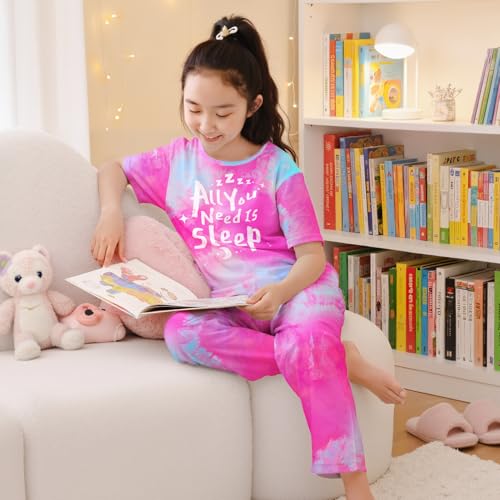 Image of FIOBEE Girls Pajamas Sets 2PCS Summer Pajama Sleepwear Kids Pjs Clothes Short Sleeve for Teen Girl Size 3-14