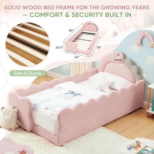 Image of Twin Size Kids Floor Bed Frame, Upholstered Montessori Platform Bed Cute Dinosaur-Shaped Daybed Frame for Girls Boys, No Box Spring Required, Pink