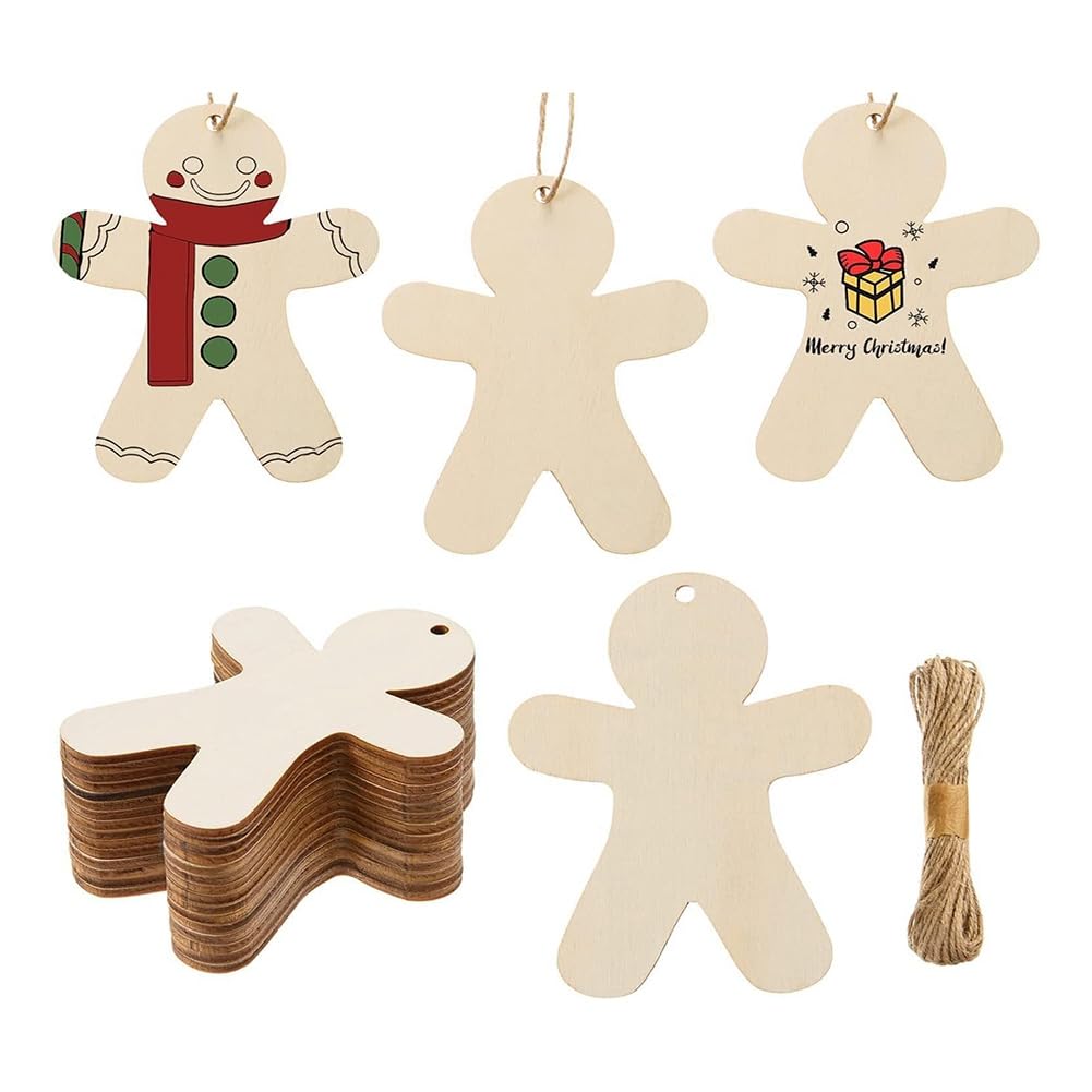 CTRLZS 50PCS Unfinished Wood Gingerbread Man Ornaments Cutouts Blank Wood Gingerbread Men Hanging Decor with Twine