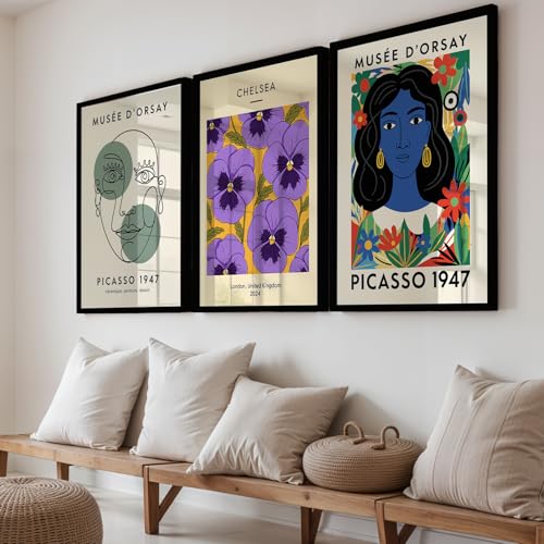 Image of NoWorries Modern Abstract Wall Art Frame | London Chelsea Floral Print & Picasso' Inspired Wall Art Paintings 300 GSM Premium Prints | Stylish Home Decor for Living Room, Office & Bedroom | Synthetic Wooden Wall Art Frames (Set of-3) (BLACK, ART-10, 13X19INCHES)