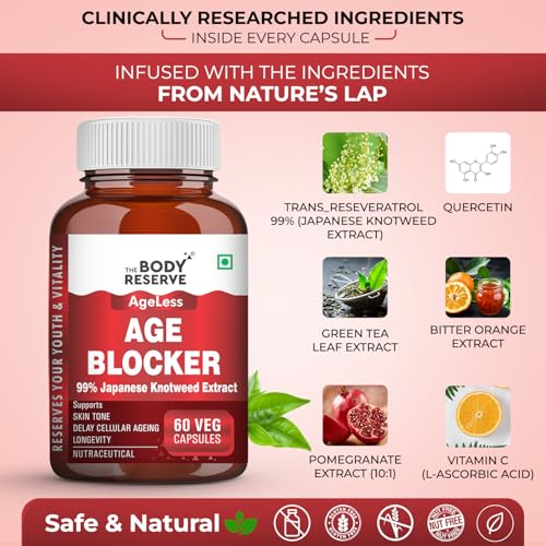 Image of The Body Reserve Age Blocker - Trans-Resveratrol 99% Japanese Knotweed Extract | Quercetin, Green Tea, Bitter Orange & Pomegranate | Powerful Antioxidant & Anti-Aging Supplement 60 Veg Capsules