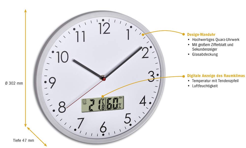 TFA Dostmann 60.3048.02 Reloj de pared analógico con termómetro e higrómetro digital, para control de temperatura de la habitación, cristal, transparente, diámetro 302 mm, blanco con pilas