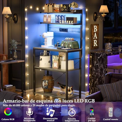 iSunirm Estantería de Cocina con enchufes,Organizador de Cocina con Luces LED,Soporte para microondas con 5 estantes 6 Ganchos,60x40x147cm,Roble Blanco - imagen 3