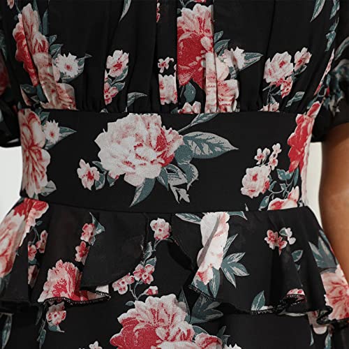 Exlura Womens Summer Dress Floral Ruffle Tiered Square Neck Sundress Short Sleeve Off Shoulder Smocked Mini Dresses Black #TOP7