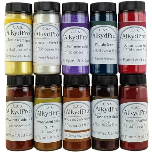 C.A.S. ALKYDPRO Transparent Glazing Pigment Set – High Chroma Transparent Oxide Orange (Quinacridone Burnt Orange Hue), , Perylene & Pearlescent Colors, 2 Fl Oz (Pack of 10), for Oil Paint, Alkyd, Acrylic & Watercolor, Dry Powder Artist Grade