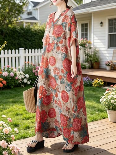 Image of Plus Size Summer Dress Printed V Neck Casual Loose Long Dresses with Pockets
