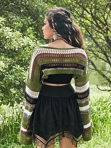WDIRARA Women's Striped Crochet Shrug Boat Neck Crop Sweater Colorblock Drop Shoulder Pullovers Long Bell Sleeve Knit Tops2