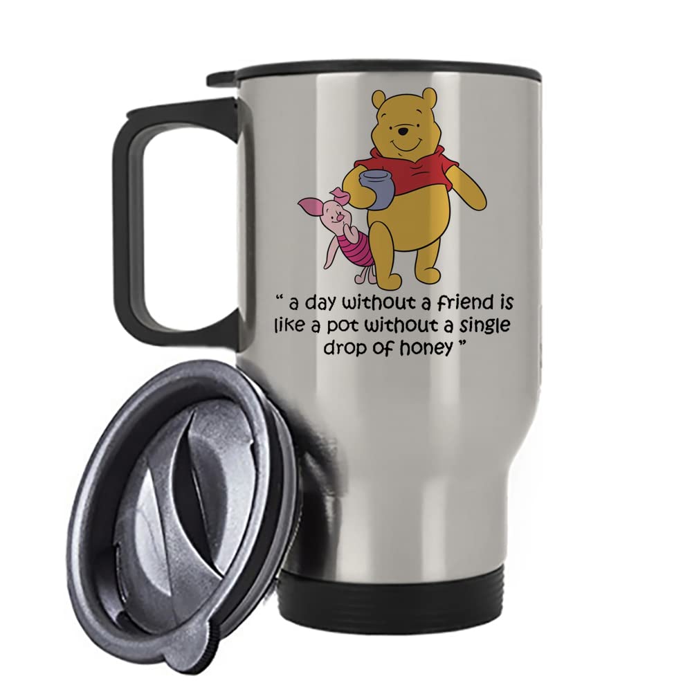 Getagift The Pooh and Pig Quote A Day Without a Friend Birthday Secret Santa Christmas Insulated Travel Tea/Coffee Mug. (Silver)