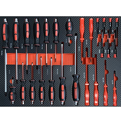 Mephisto Werkzeugeinlage Werkzeug Set Pro Line Werkstattwageneinlage Schraubendrehersatz Set, Kreuzschlitz-, Schlitz-, Präzisions-, Elektriker- Schraubendreher, inkl. Soft Inlay in Carbonoptik