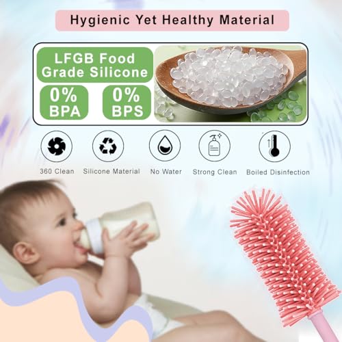 Image of TONY STARK Baby 360 Rotating Silicone Bottle Cleaning Brush & Nipple Cleaner - Ergonomic Handle, Flexible Bristles for Deep Cleaning Narrow & Wide Neck Feeding Bottles (Pink)