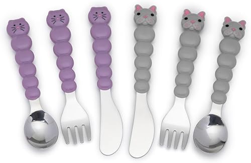 Miniatura 7 de melii Juego de tenedor y cuchillos de cuchara de alimentación para niños y niños acero inoxidable bulldog gato tiburón oso sin BPA apto para