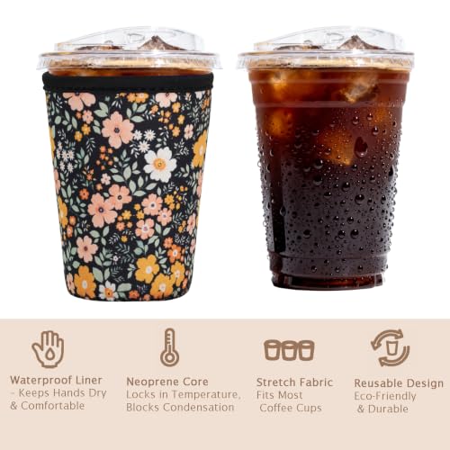 Image of Reusable Insulated Sleeve for Iced Coffee Cup, Coffee Neoprene Sleeve for Cold & Hot Drinks, Beverage Holder for Iced Coffee (Midnight Daisies, Medium: 22-24oz)