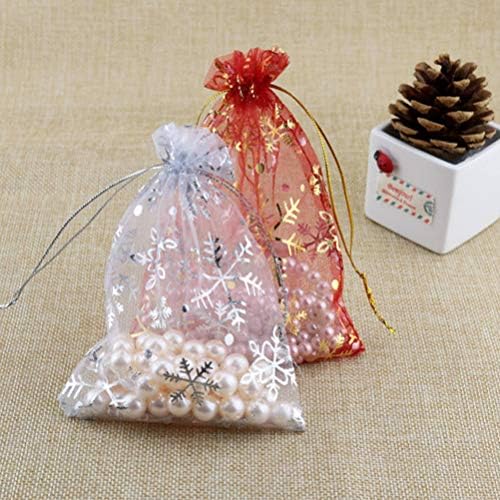 Toddmomy 50 Pieces Organza Bags Drawstring Gift Bags with Snowflakes Pattern Mesh Jewelry Pouches Party Favors for Christmas Wedding Birthday (Red and White)