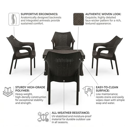 Image of Oaknest Supreme Cambridge with Vegas Plastic Outdoor Chair and Table Set | 4 Rattan Chairs + 1 Table | Weatherproof, Lightweight | Garden & Patio Use Wenge
