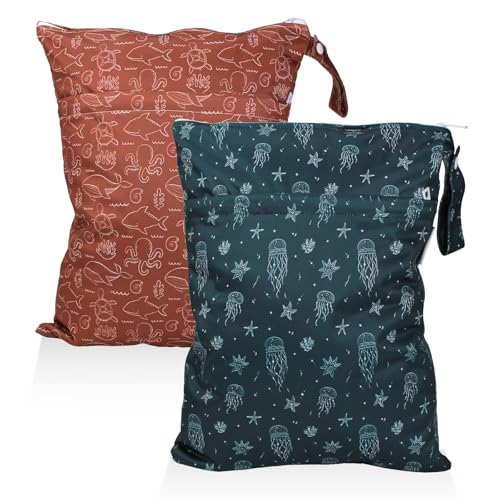 Mama Koala 2 Pack Wet Dry Bags on the Go, Swimming Pool, Beach, in Gym, Fitness Center, Natatorium, Polyester Waterproof Diaper Bag with 2 Pockets, Portable, Reusable, Machine Washable - 12in/16in-020